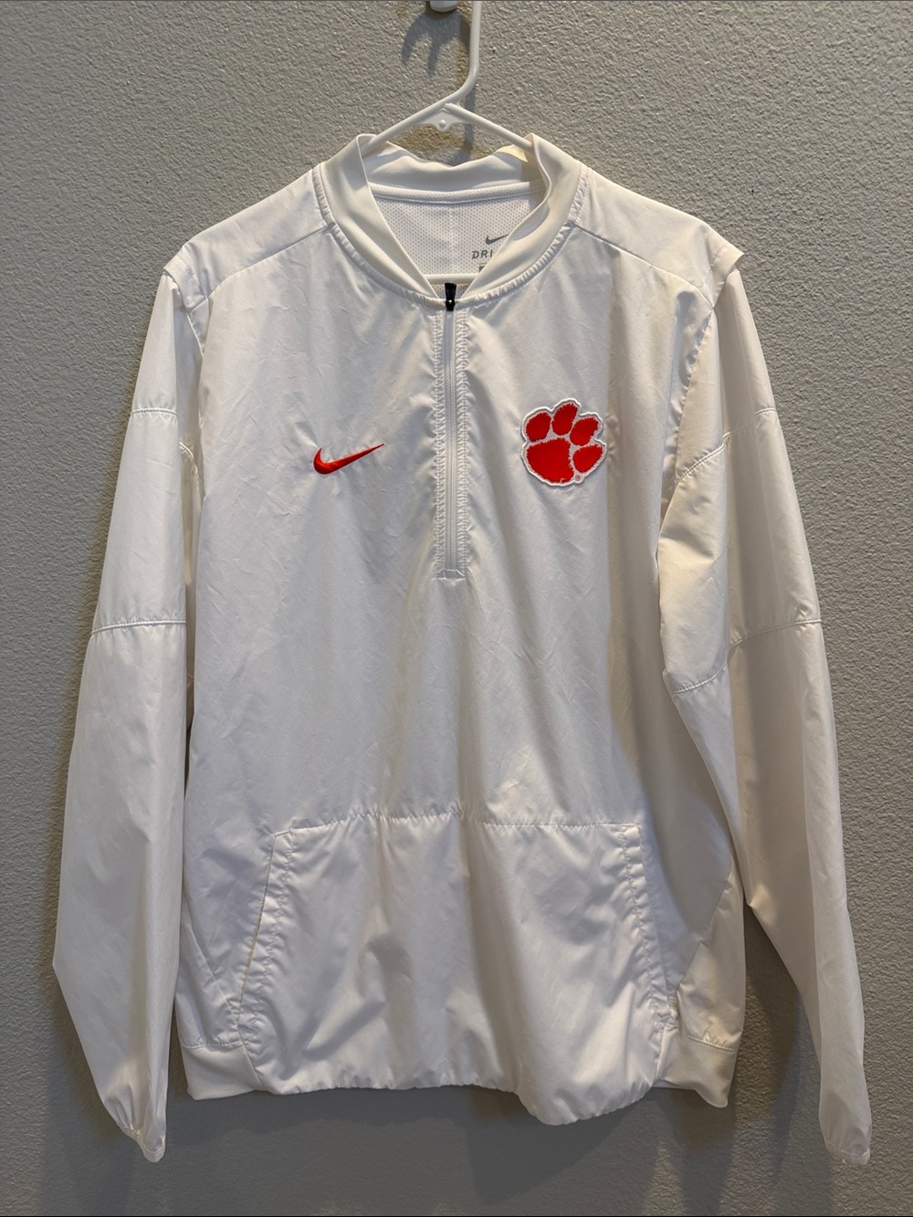 Nike DRI-FIT Men’s White Quarter-Zip Clemson Tigers Pullover with Orange Paw